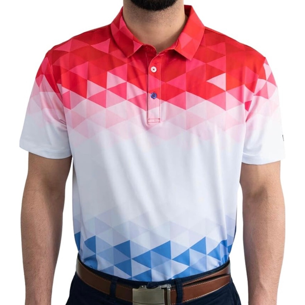 YATTA Golf 4XL The US Polo Geometric Red‎ White Blue Print Golf Polo New
